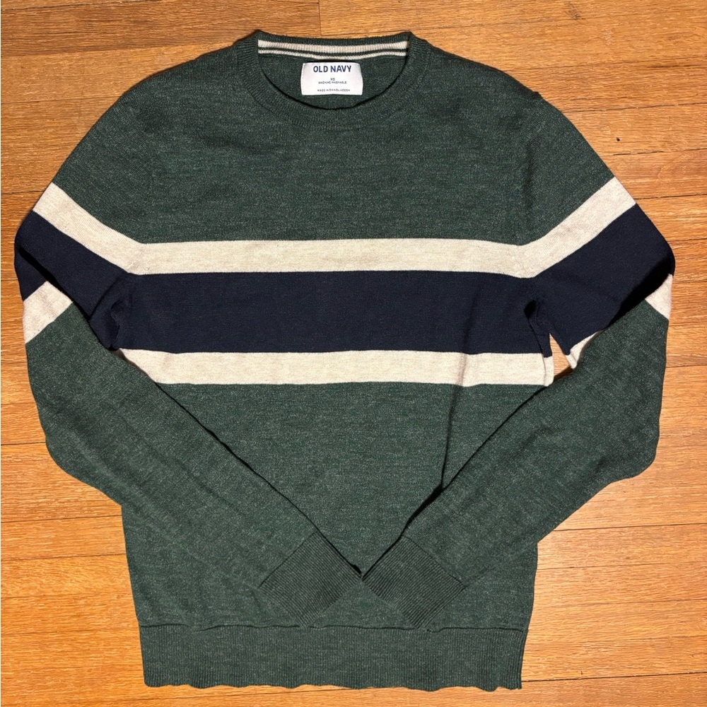 Old Navy Men's Sweater in Green with Navy and Cream Stripes